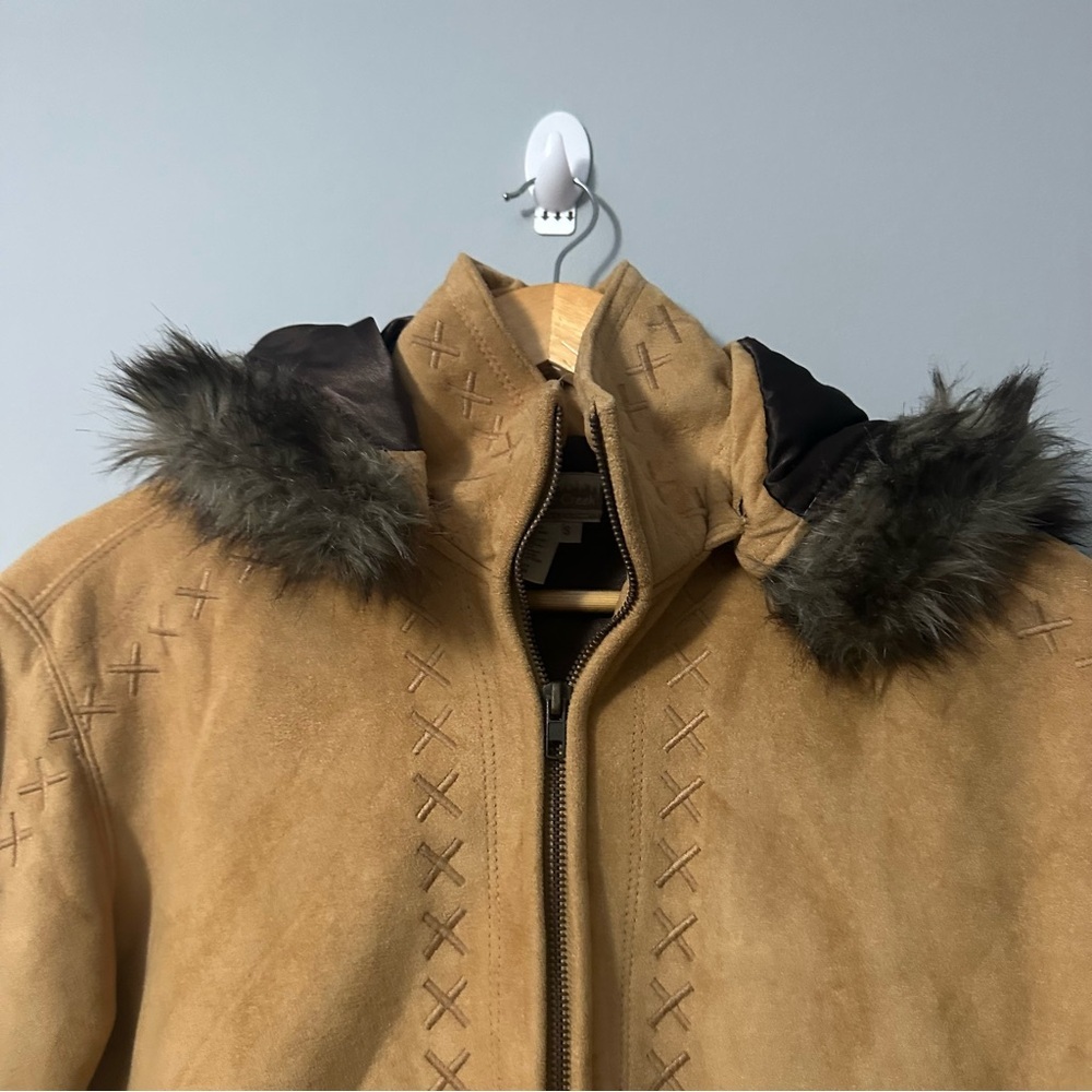 Coldwater Creek Wolf Faux Suede Coat Tan Fur Hooded Jacket Small Western Chic - Picture 5 of 11